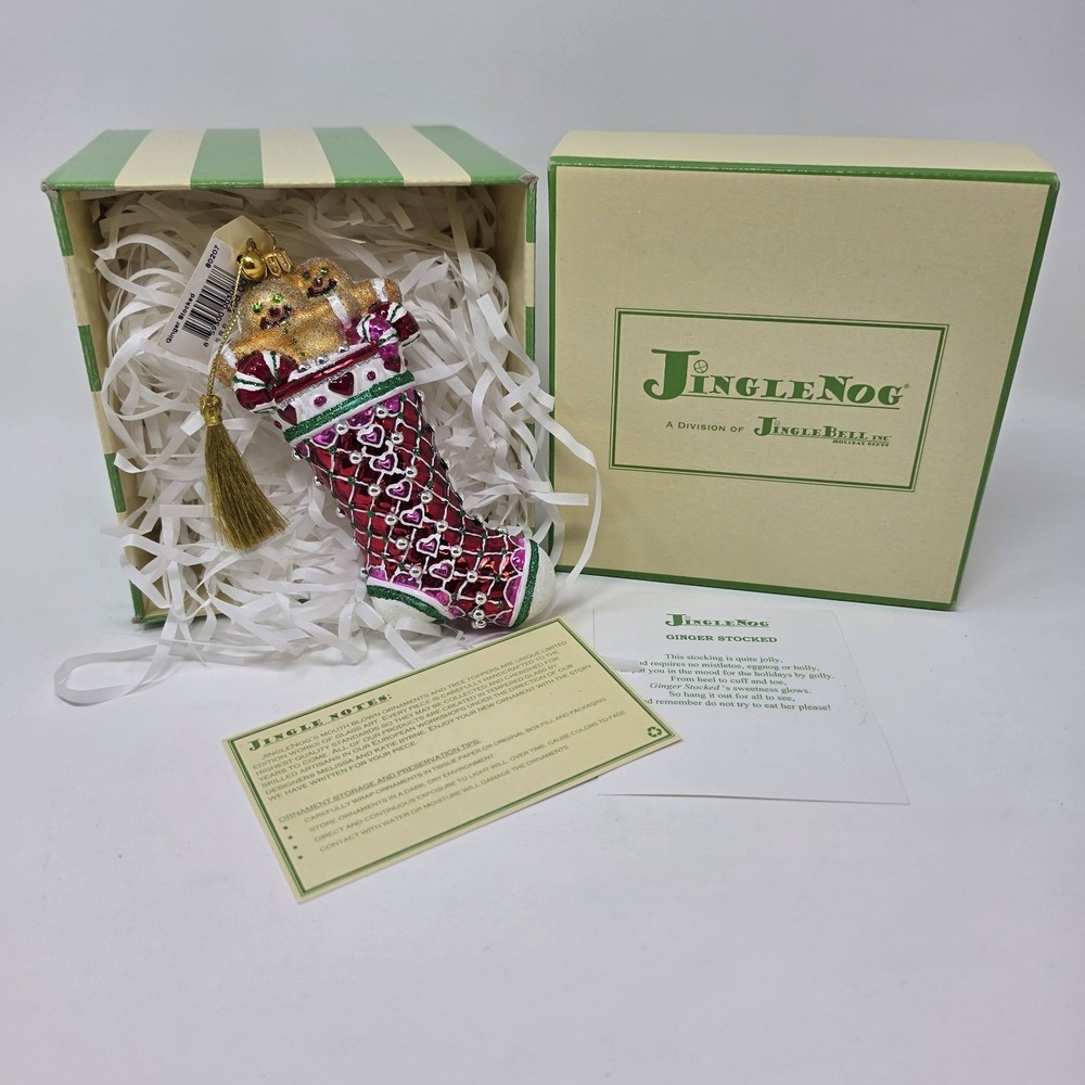 NIB JingleNog Ginger Stocked Ornament #80207 Hand Blown & Painted in Poland